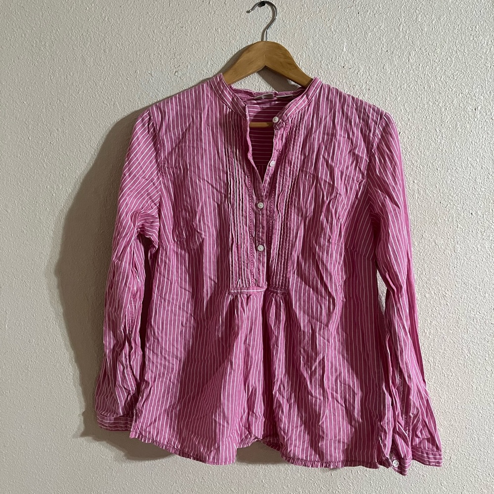 L.L. Bean Pink Stripe Pintuck Pleats Cotton Top Shirt Size M Reg